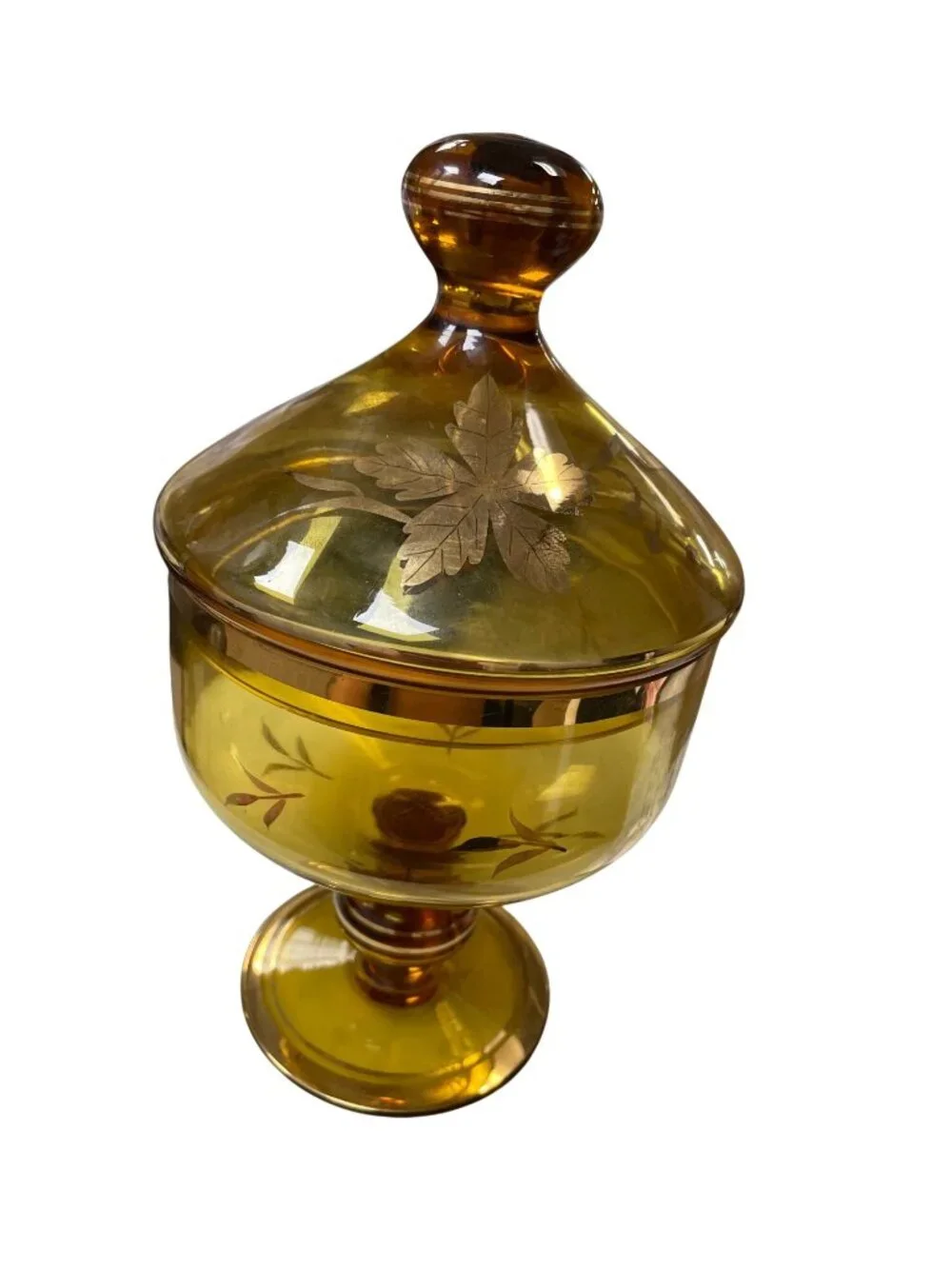 Romanian Vintage amber glass gold leaf pedestal candy dish SKU 140-814